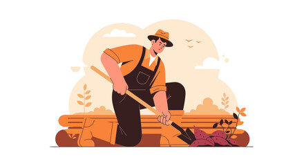 Gardener Working Diligently, Cultivating Soil, Planting Food Crops and Promoting Well-being