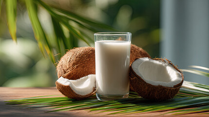 Chilled coconut milk glass resting near cracked coconuts on rustic wooden surface, highlighting natural tropical drink freshness