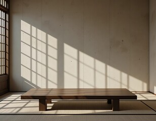 Fototapeta premium Serene traditional Japanese room with sunlight streaming through window onto tatami mats and wooden table