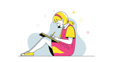 Girl Cartoon Illustration Drawing And Sketching On a Notebook Isolated On White Background