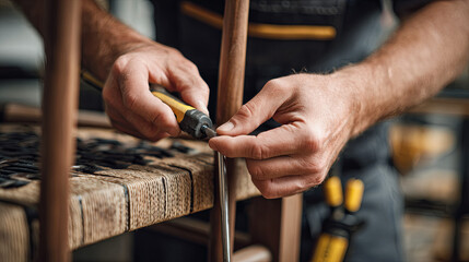 Carpenter meticulously uses rotary tool to restore wooden chair, demonstrating craftsmanship and attention to detail in furniture restoration process