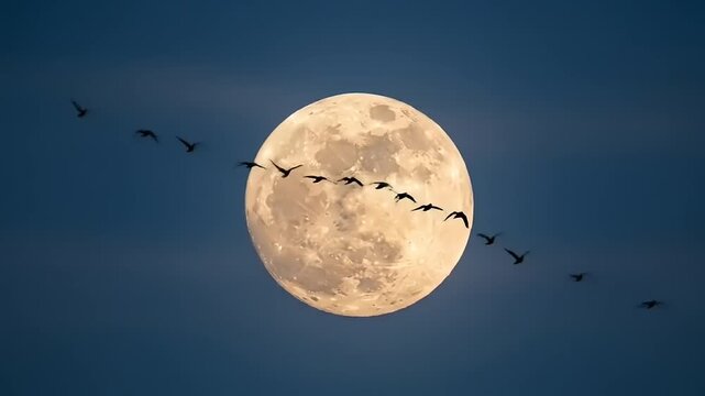 Full moon illuminating the night sky with a flock of birds flying across in a serene landscape