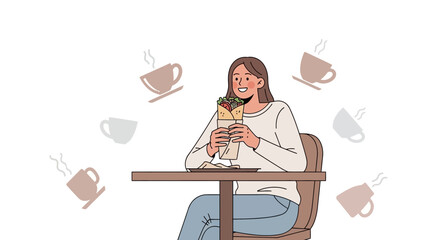 Enthusiastic Woman Enjoying Delicious Wrap Alongside Floating Coffee Cups Illustration