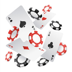 Falling aces and casino chips with blurred elements on white background. Playing cards, red and black money chips fly. The concept of winning or gambling. Poker and card games. Vector 10 eps.