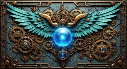 Obraz premium Ornate Steampunk Wings and Orb Emblem