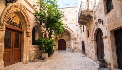 Obraz premium Architectural detail in Jerusalem old city stone buildings and historical street