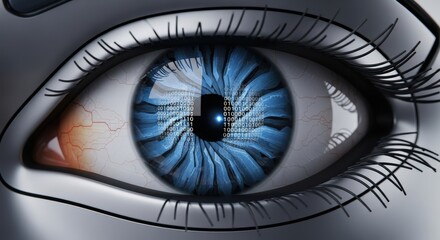 Artificial Intelligence Robotic Eye Scanning Digital Binary Code Data Stream
