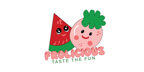 A whimsical illustration features a smiling watermelon slice and a cheerful strawberry with big eyes, promoting a sense of fun and deliciousness.