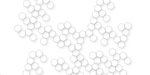 the geometric repetition and depth of the hexagonal grid, A pattern of white hexagon shapes arranged subtle shadows that create a three-dimensional abstract design.
