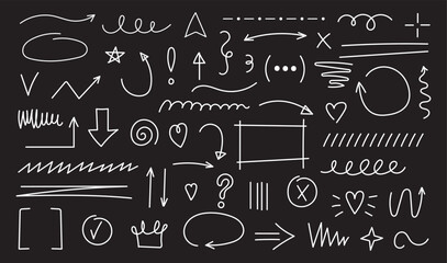 Line marker hand drawn brush arrow element set. Sketch pencil stroke vector graphic pen underline scribble icon. Hand drawn line heart, crown, star symbol highlight marker shape. Vector illustration