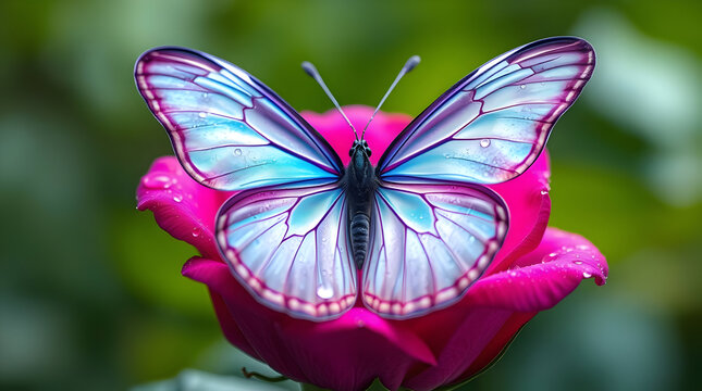 8K Hyperrealistic Macro of a Translucent Butterfly | Iridescent Blue and Purple Wings on a Dewy Magenta Rose | Nature Background - Powered by Adobe