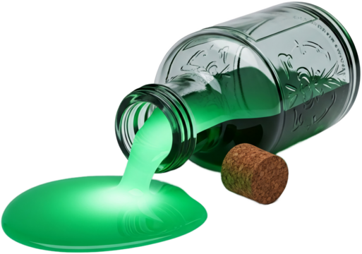 Green liquid pouring from glass bottle isolated on a transparent background, png image, showcasing fluidity and potential for potion, elixir, or magical concepts