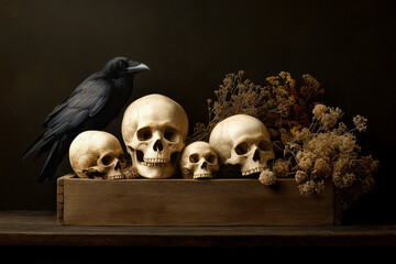 Dark still life with skulls and raven