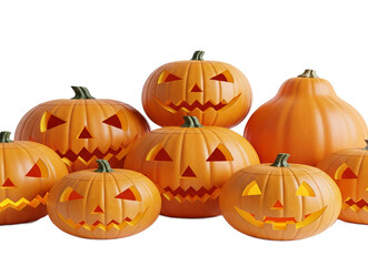 Fototapeta premium Group of carved orange pumpkins isolated on a transparent background, glowing from inside, symbolizing Halloween celebration, perfect for autumnal designs and festive png image