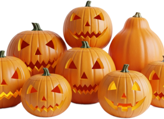 Group of carved orange pumpkins isolated on a transparent background, glowing from inside, symbolizing Halloween celebration, perfect for autumnal designs and festive png image