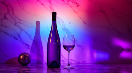 Cinematic still life of iridescent amethyst wine bottles on marble, elegant luxury product shot with film lighting