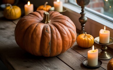 Rustic Autumn Still Life with Pumpkins and Candles on Wooden Table Top
