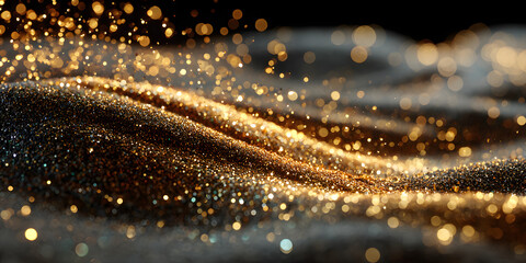 Golden dust and sand on the black background, scattered gold dust, sand effect with glitters and sequins. Wallpaper and banner.