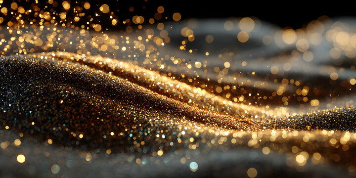 Golden dust and sand on the black background, scattered gold dust, sand effect with glitters and sequins. Wallpaper and banner.