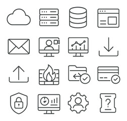 Set of 16 line art technology icons in metallic gray background