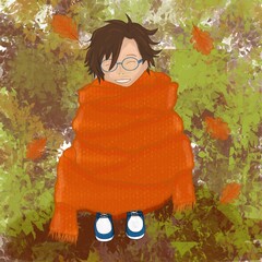 illustration of a person wrapped in a scarf autumn vibe