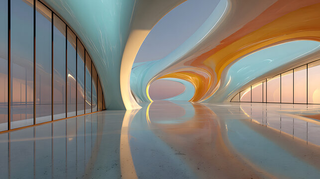 3d illustration of abstract wavy architecture background, Minimal curved geometry architectural design, Car presentation backdrop with empty concrete floor, Flowing geometric glass building design