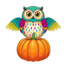 Comic-Eule auf Kürbis, transparenter Hintergrund, PNG