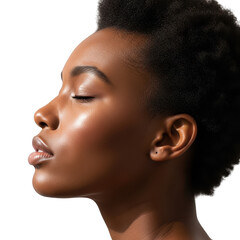 Close-up portrait of a woman with closed eyes and subtle lighting transparent background