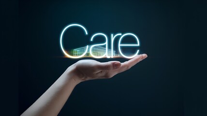 Fototapeta premium Glowing Holographic Hospital Building Projected by Hand with Floating Text CARE, Futuristic Healthcare, Medical Technology, and Patient Care Concept Illustration