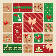 Set of top views of Christmas gifts in cartoon style. Vector illustration of holiday gifts tied with bows, packaging with patterns:stars, stripes, fir trees, holly, cookies, candy canes, candles.