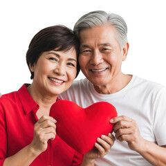 Joyful asian couple embracing affectionately holding a bright red heart symbol transparent background