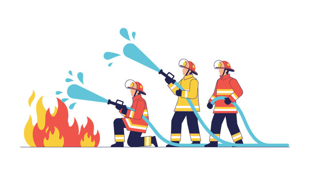 Firefighters in Action: Brave firefighters confront a blazing fire, their focus unwavering as they work together to control and extinguish the flames. Demonstrating courage and teamwork
