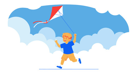 Joyful Child Running And Flying a Kite Against a Bright Sky With Clouds Illustration