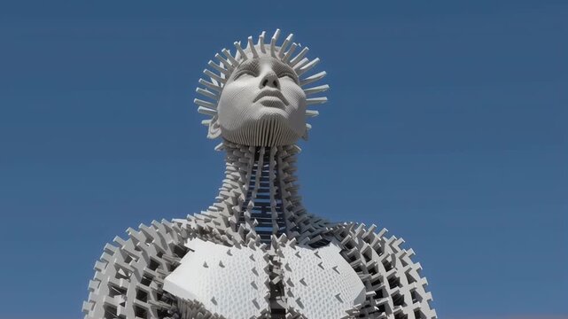 Futuristic metallic sculpture of woman with spiky crown against blue sky. Sci-fi inspired public art. Modern urban installation concept exploring human and machine fusion.