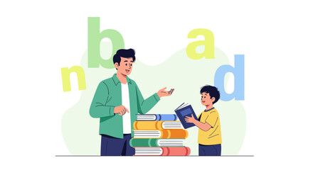 Man Teaching A Young Boy How To Read Using Books And Letters In A Colorful Illustration