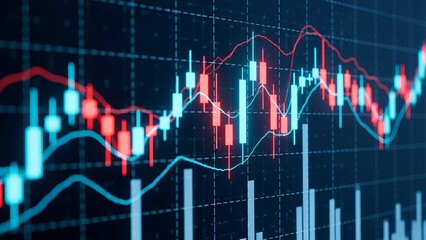 Digital candlestick trading chart with blue and red futuristic glow. Perfect for finance, stock market, forex analysis, investment, and global economy concepts.