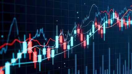 Digital candlestick trading chart with blue and red futuristic glow. Perfect for finance, stock market, forex analysis, investment, and global economy concepts.