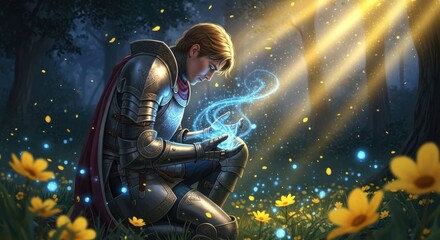 Fototapeta premium A Knight Kneeling in a Magical Forest Clearing Embracing Enchanted Light