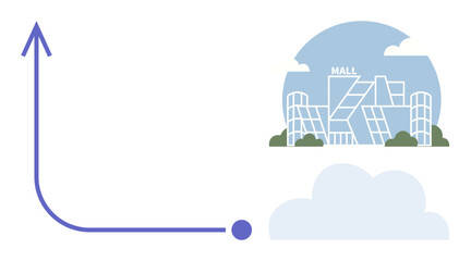 Blue arrow curves upward toward a mall with geometric design, trees, and cloud backdrop. Ideal for growth, business success, retail, shopping trends, progress, urban planning simple flat metaphor