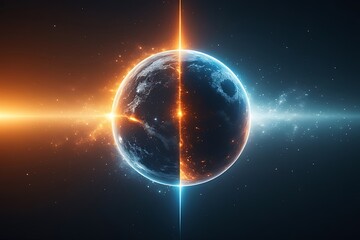 Fototapeta premium Earth Divided By Fiery Orange And Icy Blue Energy Beams