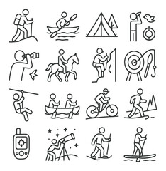 Outdoor recreation icons: hiking, kayaking, camping, archery, cycling activities