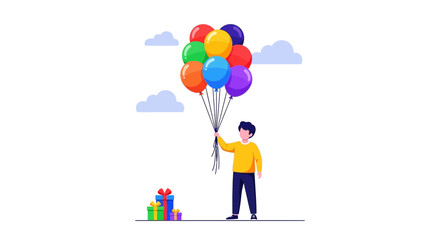 Joyful Person Holds Colorful Balloons, Presents and Cloud Decorations Illustration