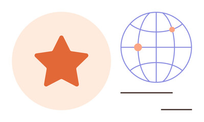 Orange star in peach circle alongside globe with pinpoint markers and lines. Ideal for success, recognition, global reach, connectivity, international presence, growth, innovation. Simple flat