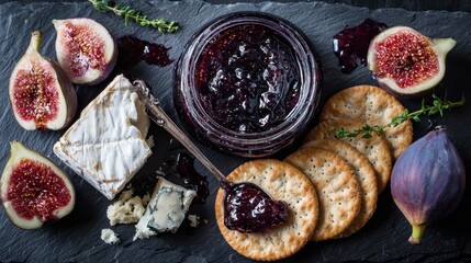 Delicious gourmet cheese board with figs and jam.