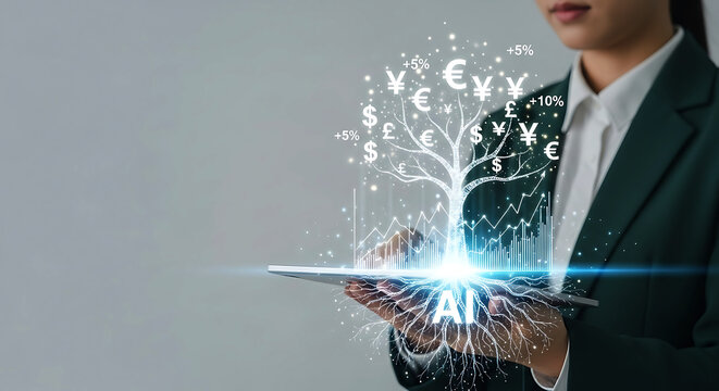 Business professional interacting with advanced digital technology and glowing data streams with financial symbols
