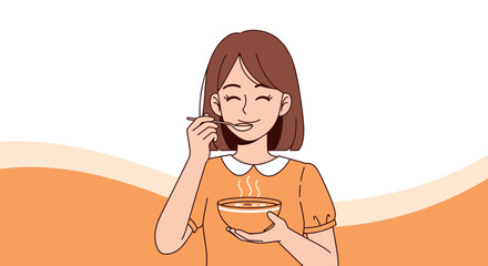 Joyful Woman Savoring a Delicious Meal from a Warm Bowl of Nourishing Soup