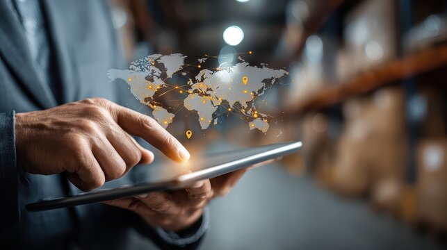 Close-up of a finger touching tablet screen marked with red location pins on wooden surface, representing navigation and geographic data