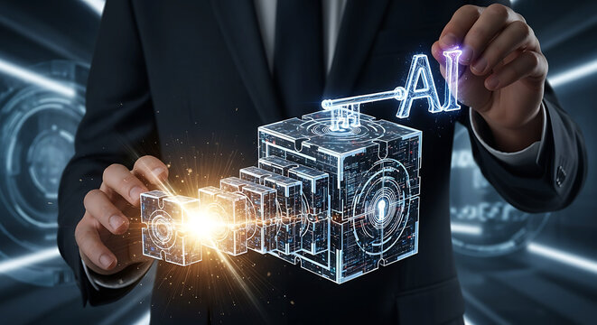 Futuristic businessman manipulating holographic digital cube with glowing circuitry and abstract energy