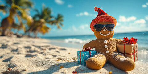 Cheerful gingerbread character relaxing in sunglasses and santa hat beside wrapped gifts, tropical beach setting with palm trees and turquoise waters