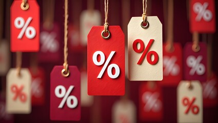 Red and beige hanging tags with percentage symbols, representing discounts or sales, arranged against a dark background.